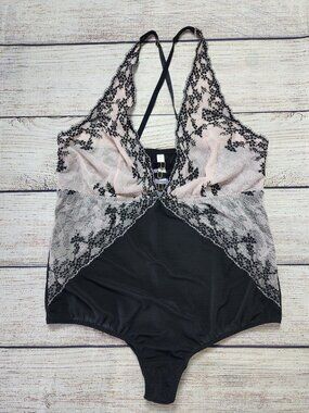 Cacique Floral Pink Black Lace Bodysuit 22/24 Mesh Romantic Lingerie Gothic Sexy